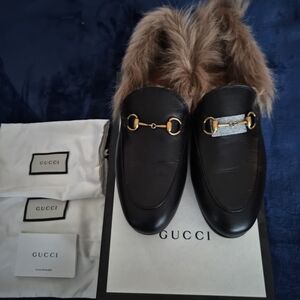 Gucci Black Leather Loafers with Brown Fur and Gold Detail